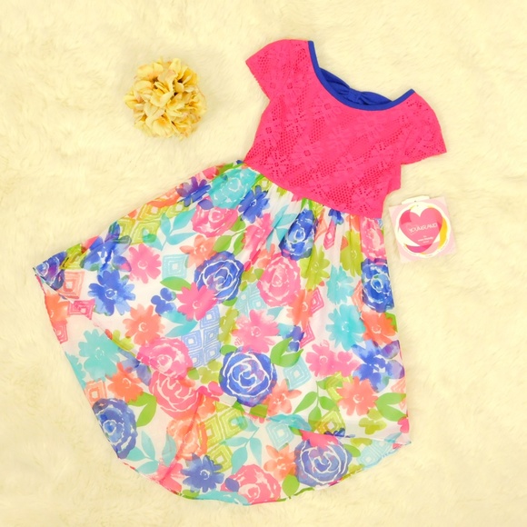 Youngland Girls size 4 Pink Lace Floral High Low Summer Dress NWT - Picture 5 of 8